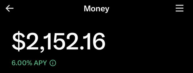 A dark mobile app screen showing a Money balance of $2,152.16 with 6.00% APY.