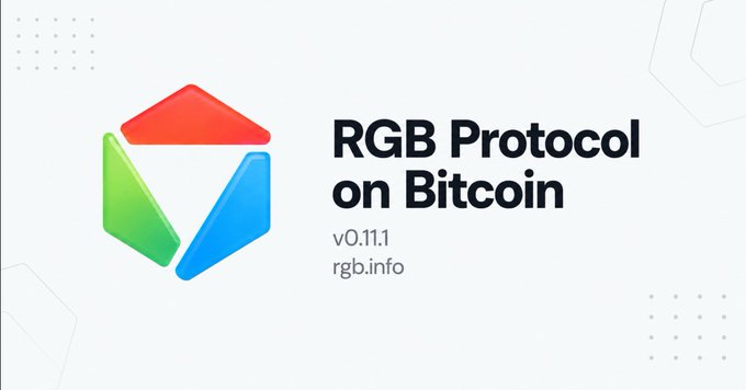 A promotional graphic for 'RGB Protocol on Bitcoin' showing a triangular logo with red, green, and blue segments, version v0.11.1, with the website rgb.info.