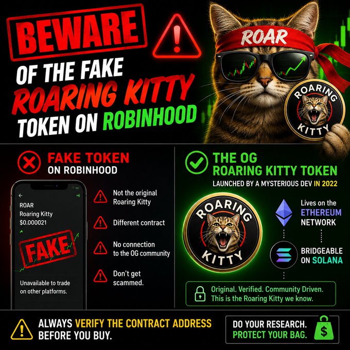 A warning graphic titled 'BEWARE OF THE FAKE ROARING KITTY TOKEN ON ROBINHOOD' contrasts a fake token listing with 'THE OG ROARING KITTY TOKEN' that 'Lives on the ETHEREUM NETWORK' and is 'BRIDGEABLE ON SOLANA', featuring an image of a cat wearing sunglasses and a 'ROAR' bandana.
