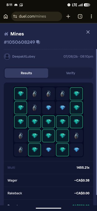 A screenshot of a Duel.com Mines game result showing user "DeepakXLubey" winning a 1455.21x multiplier on a CA$0.38 wager, with multiple diamond tiles revealed on the 5x5 grid. The post implies the player wishes the high 1455.21x payout had been on a larger $10 bet, using the screenshot as promotional proof of winning "pick" predictions.