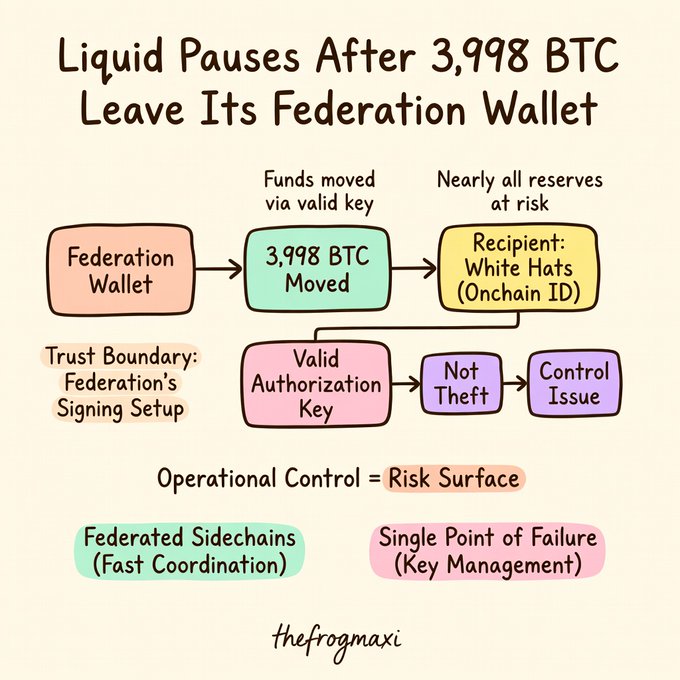 An infographic titled 'Liquid Pauses After 3,998 BTC Leave Its Federation Wallet' showing a flowchart that indicates the funds were moved via a 'Valid Authorization Key' to 'White Hats' and is 'Not Theft' but a 'Control Issue', created by 'thefrogmaxi'.