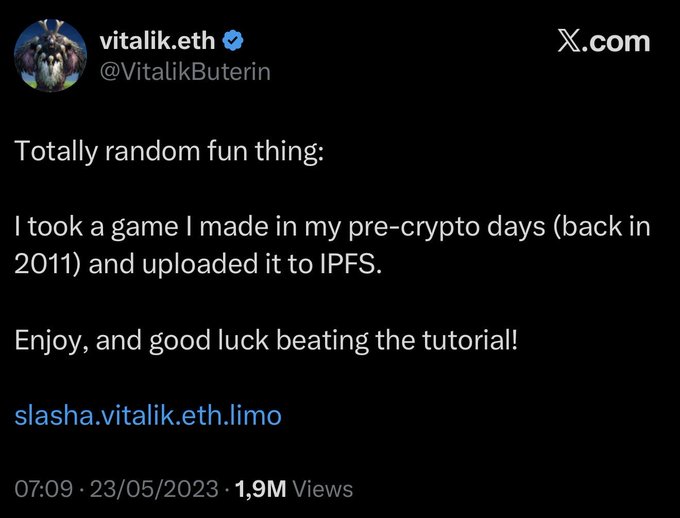 The main focus of the image is a post related to Vitalik Buterin that seems to be a screenshot or a summary of his Twitter status. The content includes some random fun facts about him, such as the fact that he took a game made in pre- crypto days (back in 2011) and it was loaded into an IPS system. However, the difficulty level of the game is quite high, making it impossible to complete the tutorial. This post seems to be sharing this interesting fact with followers on social media platforms, likely as part of some humorous commentary or discussion related to Vitalik Buterin's gaming habits.
