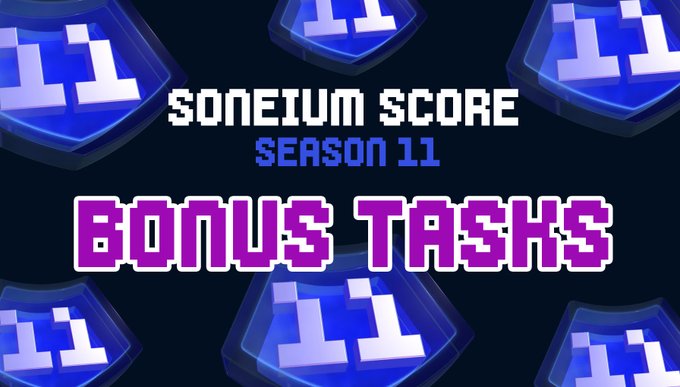 The image features a purple shield with white text that reads "Soneium Score Season 11" at the top, followed by a list of bonus tasks below it. The tasks are listed as being easy and worth 7.5 points each when completed. The image also includes a link to the Startale app, which is related to the Soneium score season.