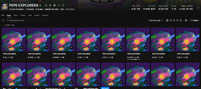 The image shows a webpage with a grid of twelve different images, each featuring a cartoon fish or other aquatic creatures. The text at the bottom of the page reads "Pepe Explorers: 0.001 - 0.01 ETH (8x) Got 100 spots for Metafrens members. Every single person who was active in the community when we did the wallet collection had a chance to get in." This suggests that the webpage is promoting an online marketplace or platform where users can buy and sell items related to fish, aquatic creatures, or other marine-themed products. The grid layout allows for easy comparison of different items within the same category, making it convenient for potential buyers to browse through available options.
