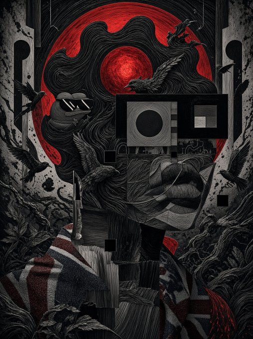 A dark, surreal illustration of a bearded man with sunglasses, featuring a bird on his shoulder, set against a large red moon with ravens and gothic architectural elements.