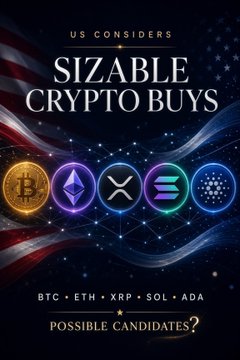 A promotional graphic titled 'US Considers Sizable Crypto Buys' listing BTC, ETH, XRP, SOL, and ADA as possible candidates, showing logos of each cryptocurrency against an American flag background.