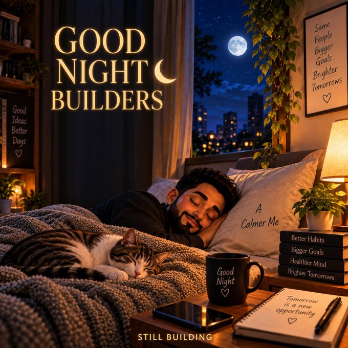 A motivational nighttime scene featuring 'GOOD NIGHT BUILDERS' text in gold, showing a man sleeping peacefully with a cat beside him, surrounded by inspirational text like 'A Calmer Me', 'Tomorrow is a new opportunity', and 'STILL BUILDING'.