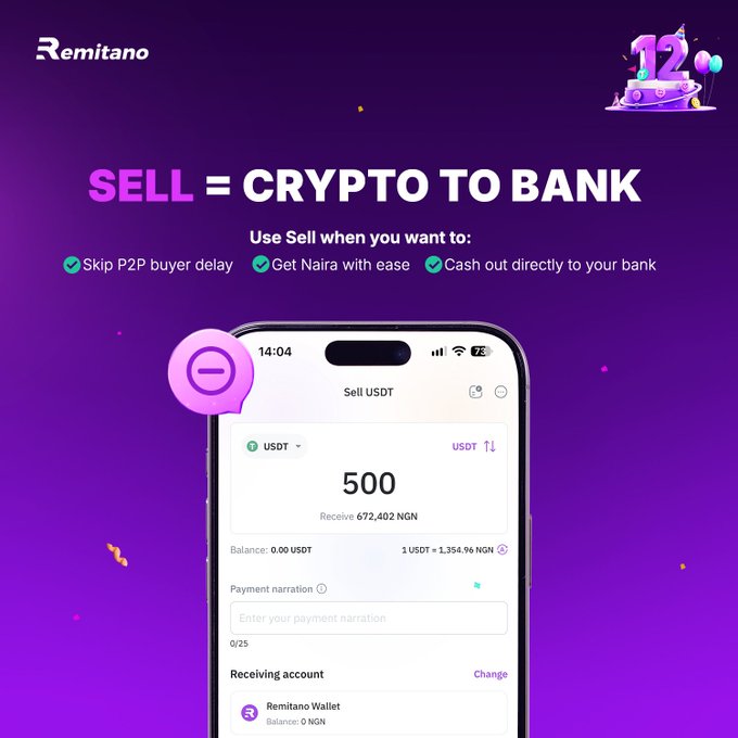 A promotional graphic for Remitano advertising 'SELL = CRYPTO TO BANK', featuring a smartphone screenshot showing a transaction to sell 500 USDT for 672,402 NGN.