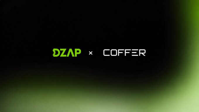 A promotional graphic on a dark green gradient background displaying 'DZAP × COFFER' logos, suggesting a collaboration between the two brands.