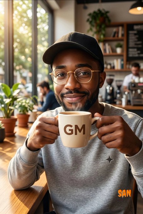 A smiling man with glasses, a black cap, and a grey sweatshirt holds up a white mug labeled 'GM' in a sunlit cafe setting with plants and coffee equipment.