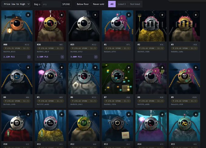 A dark marketplace-style grid displays multiple round, robotic-looking SPUNK characters with numbers such as #8, #26, #25, #1, #2, #3, #4, #5, #6, #7, #8, #9, and more, each with SPUNK pricing and bag quantity text.