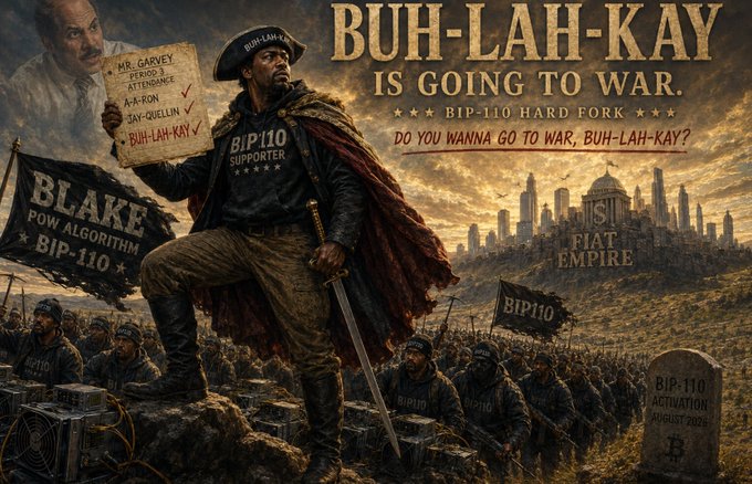 A cinematic war poster titled 'BUH-LAH-KAY IS GOING TO WAR' with 'BIP-110 HARD FORK' and 'DO YOU WANNA GO TO WAR, BUH-LAH-KAY?' promoting the Blake PoW algorithm and listing attendance for Mr. Garvey, A-A-Ron, Jay-Quellin, and Buh-Lah-Kay against a 'FIAT EMPIRE' cityscape.