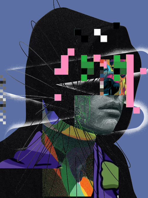 A digital art piece showing a stylized figure wearing a hooded jacket with pixelated glitch elements in pink, green, and black obscuring the face, set against a blue background.