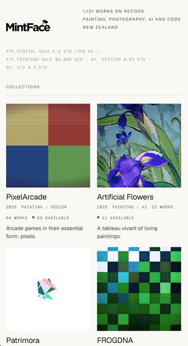 MintFace NFT marketplace page displaying collections like 'PixelArcade' and 'Artificial Flowers' from a New Zealand artist with 1,131 works on record.
