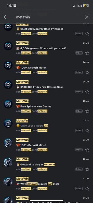 A smartphone screenshot showing an email inbox from MetaWin at 14:10, displaying multiple promotional gambling-related emails including deposit matches, free spins, and prize pool offers.
