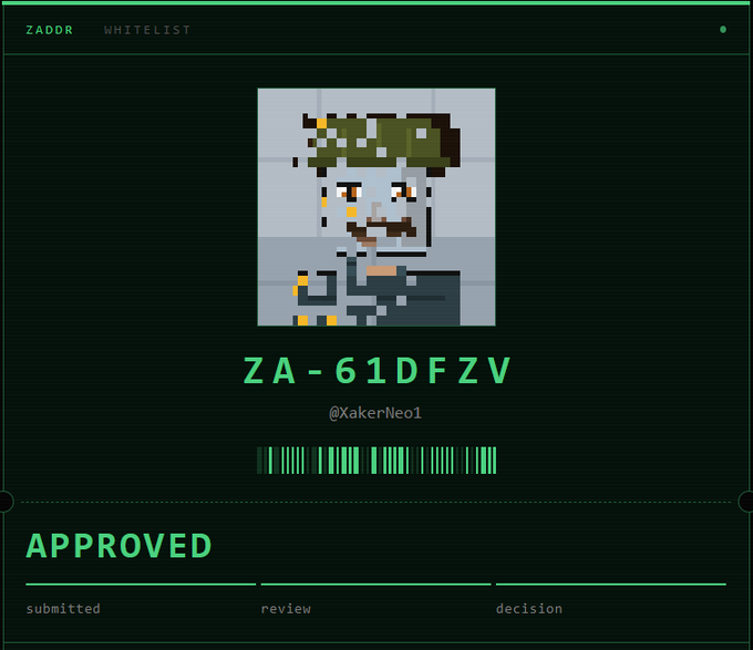Digital whitelist approval card showing pixel art of a character, ID 'ZA-61DFZV' by @XakerNeo1, marked as APPROVED with a green barcode.