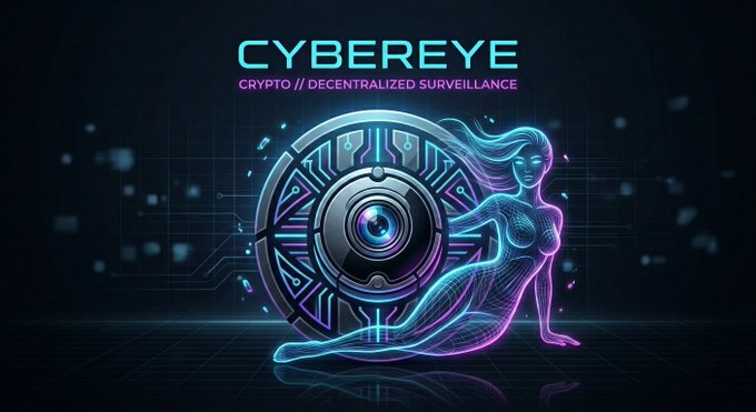 A futuristic crypto-themed logo displaying "CYBEREYE" with the tagline "CRYPTO // DECENTRALIZED SURVEILLANCE," featuring a circular mechanical camera/surveillance device beside a glowing pink neon female silhouette reclining elegantly. The image aligns well with the accompanying post, capturing the tech-forward and NFT-inspired aesthetic while emphasizing the "decentralized surveillance" concept that evokes a spy-droid theme.