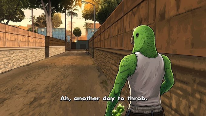 A green-skinned, anthropomorphic character in a white tank top walks down an alley in a cel-shaded video game, with the caption "Ah, another day to throb." at the bottom. The image humorously illustrates the post's playful reference to "throbbing," tying the in-game character's mischievous expression to the creator's lighthearted comment.