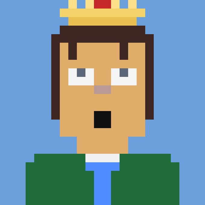 A pixel art portrait of a character with brown hair, a surprised expression, wearing a yellow and red crown and a green tunic.