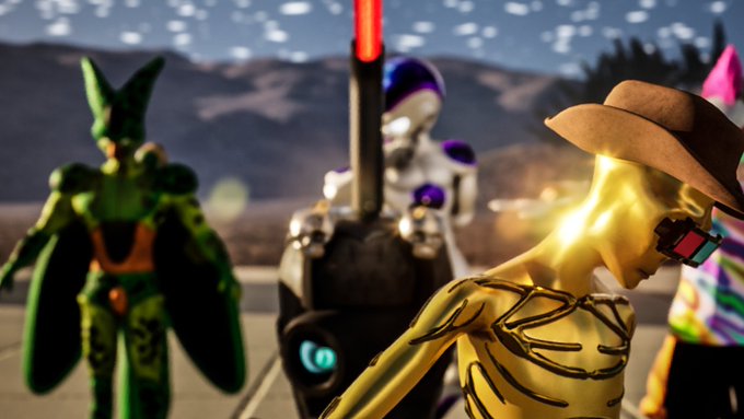 A screenshot from a video game featuring a Cell character wearing a cowboy hat, a green Cell, and a Frieza character in the background.