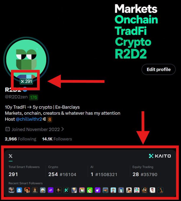 Twitter/X profile of @R2D2zen showing 'Markets Onchain TradFi Crypto R2D2' bio, with red arrows pointing to the KAITO 'x 291' smart followers badge on the avatar and the KAITO widget displaying 291 Total Smart Followers (254 Crypto, 1 AI, 28 Equity Trading) along with recent smart followers.