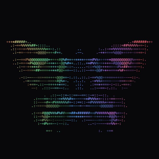 A multicolored ASCII butterfly is rendered on a black background, formed from characters like `#`, `+`, `=`, `@`, `%`, and `*`, symbolizing the "butterfly" NFT referenced in the caption about chaos theory and compounding tiny changes in starting conditions.