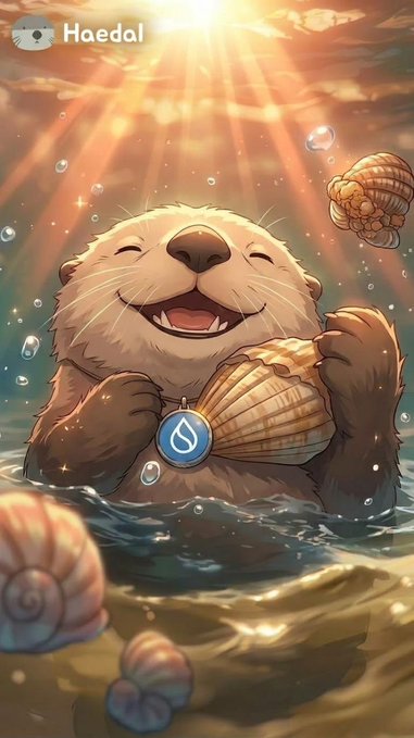An illustration of a happy otter floating in water, holding a large seashell, with a sunburst background. The name 'Haedal' appears in the top left corner.