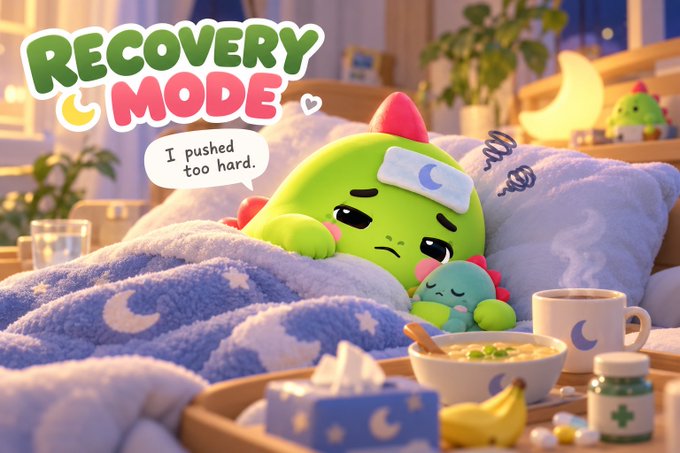 A colorful cartoon illustration titled "RECOVERY MODE" showing a green dinosaur character in bed under blue covers, with a speech bubble reading "I pushed too hard," accompanied by soup, tea, tissues, and medicine.