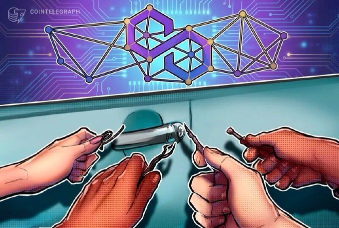 An illustration branded with the Cointelegraph logo shows the purple Polygon logo connected to a network of nodes above an image of hands picking a lock, symbolizing the discovery and patching of security vulnerabilities—tying into the post about Polygon quietly fixing DoS flaws in its hard forks.
