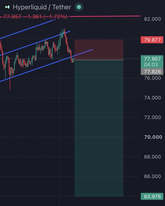 A short trade chart of $HYPE on TRT1 showing an entry around $78 with targets at $72 and $63, illustrating the user's profitable short position referenced in the caption "shorted $HYPE here this is free money in hindsight."