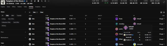 A Magic Eden order book for "Templars of the Storm #533" shows a floor price of 0.075 ETH with multiple listings ranging from 0.84 to 0.85 ETH from sellers like 0xnbs, chubniboy, pashco, 22noe, and 3144ae, alongside active collectors purchasing the collection, supporting the post's claim that Quotron holders are buying into Templars of the Storm.