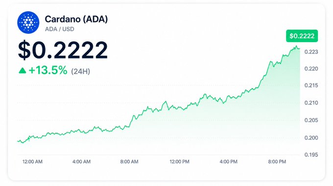 A price chart showing Cardano (ADA) trading at $0.2222, up 13.5% over 24 hours, with the price climbing from around $0.195 to its current level throughout the day.