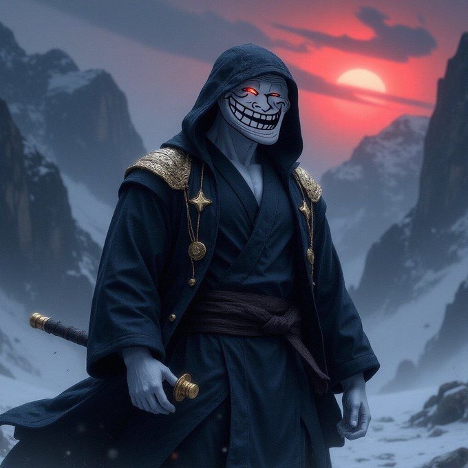 A hooded, white-masked figure with a sinister grin and glowing red eyes stands in a snowy mountain landscape beneath a blood-red sunset, gripping a sword. The menacing aesthetic pairs with the $Troll post by embodying the chaotic, mocking energy of the meme coin community, suggesting a watchful guardian over their pursuit of the 6.9 billion milestone.