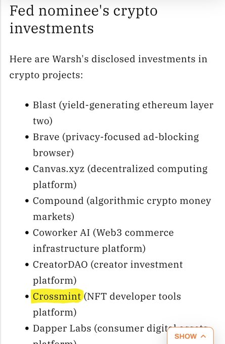 The image shows a list of crypto investments disclosed by Fed nominee Warsh, with "Crossmint" (an NFT developer tools platform) highlighted in yellow, supporting the post's claim that Crossmint is among Warsh's crypto investments and connected to Ribbit Capital and the agentic company TIBBIR.