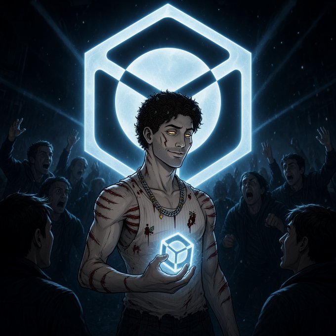 A digital artwork depicting a smirking young man with glowing yellow eyes holding a glowing cube, with scratches on his body and a crowd of people behind him, set against a hexagonal emblem.