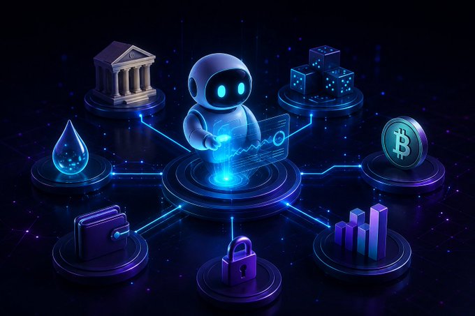 A futuristic 3D illustration depicts a glowing white robot connected by neon lines to icons representing a bank, water, files, cryptocurrency, charts, a wallet, and security.