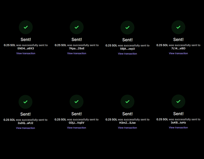 A black-background grid shows eight green checkmarks labeled “Sent!” with “View transaction” links, each noting 0.25 SOL sent to eight SOL wallet addresses. The image visually confirms the giveaway payouts referenced in the accompanying congratulations post.