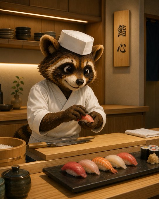 The image features a cartoon raccoon chef dressed in a white outfit, standing behind a sushi bar with various types of sushi displayed on a plate. The sushi includes several pieces of salmon and tuna along with other ingredients such as cucumber and avocado. The scene is set against a backdrop that appears to be a kitchen or dining area, suggesting the presence of a restaurant or food establishment.