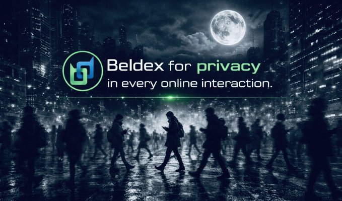 Promotional banner for 'Beldex' featuring the logo and text 'Beldex for privacy in every online interaction.' over a dark cityscape background with a full moon and silhouettes of pedestrians.