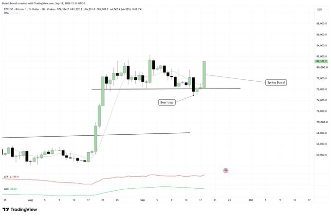 A Bitcoin (BTC/USD) daily candlestick chart from TradingView displays a recent bear trap near $74,800, where sellers briefly broke below $76,000 support before price sharply reversed upward to around $80,100, with annotations marking the "Spring Board" level and highlighting the failed breakdown at the ATX (2,720.5) and ADX (42.05) indicators.