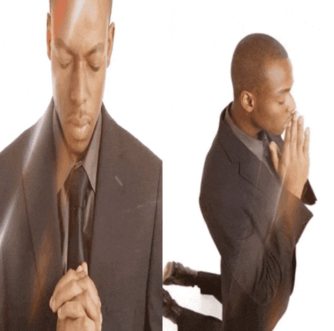 The image features two men dressed in suits, one kneeling down while praying and another standing up. The kneeling man appears to be a businessman who has been tagged with an outlier account by someone else. This outlier account has not posted anything on the timeline for this particular photo.