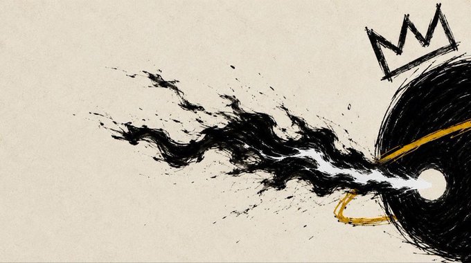 A minimalist ink illustration of a black billiard 8-ball with a gold crown floating above it, trailing flames or smoke behind it on a cream-colored background.