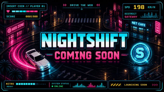 A retro 80s-style arcade game promotional graphic titled 'NIGHTSHIFT - COMING SOON' featuring a car racing through a neon-lit cyberpunk city, with 'INSERT COIN // PLAYER 01' and 'SPD 198 KM/H' visible.