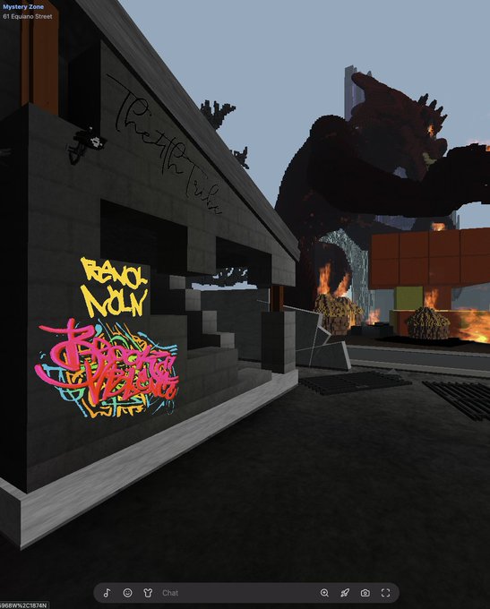 A Roblox 'Mystery Zone' scene featuring graffiti that reads 'READ ME NOW' and 'X THE NIGHT' on a concrete wall, with a giant shadowy monster looming behind burning buildings.