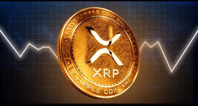 A golden XRP (Ripple) coin is displayed against a dark background featuring a white line graph trending downward.