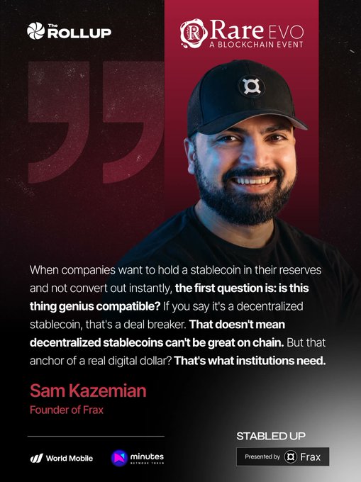 A promotional graphic from The Rollup features Sam Kazemian, Founder of Frax, discussing stablecoins at Rare EVO blockchain event, sponsored by World Mobile, Minutes Network, and Frax.