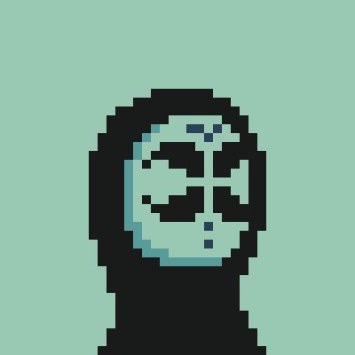 A pixel art portrait of a hooded figure in dark clothing with a gray face, set against a solid teal background.