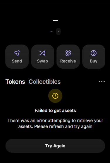 Mobile crypto wallet interface displaying action buttons (Send, Swap, Receive, Buy) above a 'Failed to get assets' error message with a 'Try Again' button.