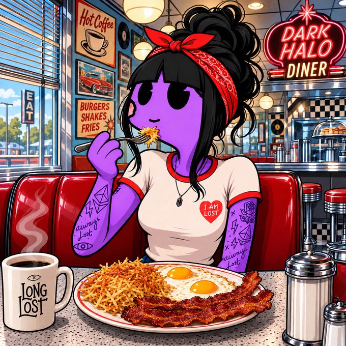 A purple-skinned anime-style girl with tattoo sleeves and a red bandana enjoys a hearty diner breakfast of fries, fried eggs, and bacon at the "Dark Halo Diner," alongside a coffee mug labeled "I AM LOST" — perfectly capturing the "gm" post's question about how one starts the day with a classic, comforting morning meal.