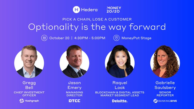 A Hedera-sponsored panel titled "Pick a Chain, Lose a Customer: Optionality is the Way Forward," scheduled for October 20 from 4:30PM-5:00PM at the MoneyPot Stage during Money 20/20, featuring Gregg Bell (CIO, Hashgraph), Jason Emery (Managing Director, DTCC), Raquel Look (Blockchain & Digital Assets Market Segment Lead, Deloitte), and Gabrielle Saulsbery (Senior Reporter, Banking Dive), promoting a discussion on how hybrid DLT and interoperability will shape the future of finance.